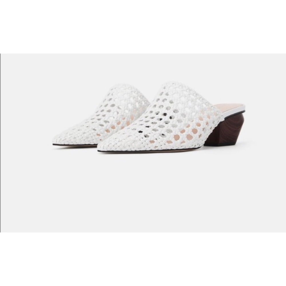 Zara White Woven Low Woodblock / Cowboy Heeled Mules